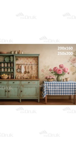 Tło fotograficzne rustykalne z kredensem i stołem w kratę | E595